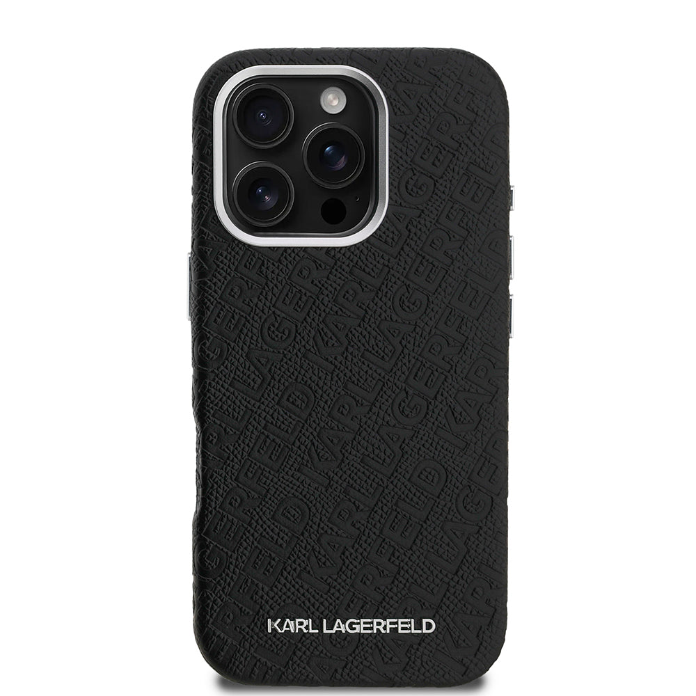 iPhone 16 Pro Max Kılıf Karl Lagerfeld Orjinal Lisanslı PU Deri Damgalı Metal Yazı Logolu Kapak