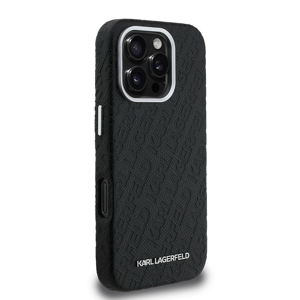 iPhone 16 Pro Max Kılıf Karl Lagerfeld Orjinal Lisanslı PU Deri Damgalı Metal Yazı Logolu Kapak