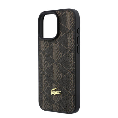 Apple iPhone 16 Pro Max Kılıf Lacoste Orjinal Lisanslı M-safe Şarj Özellikli PU Deri Tasarımlı Kartlıklı Karışık Monogram Desenli Kapak