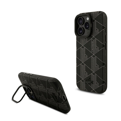iPhone 16 Pro Max Kılıf Lacoste Orjinal Lisanslı M-safe Şarj Özellikli Standlı PU Deri Karışık Monogram Desenli Kapak