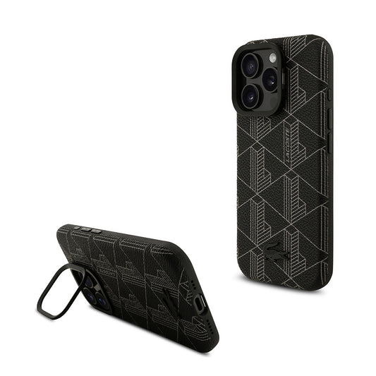 iPhone 16 Pro Max Kılıf Lacoste Orjinal Lisanslı M-safe Şarj Özellikli Standlı PU Deri Karışık Monogram Desenli Kapak