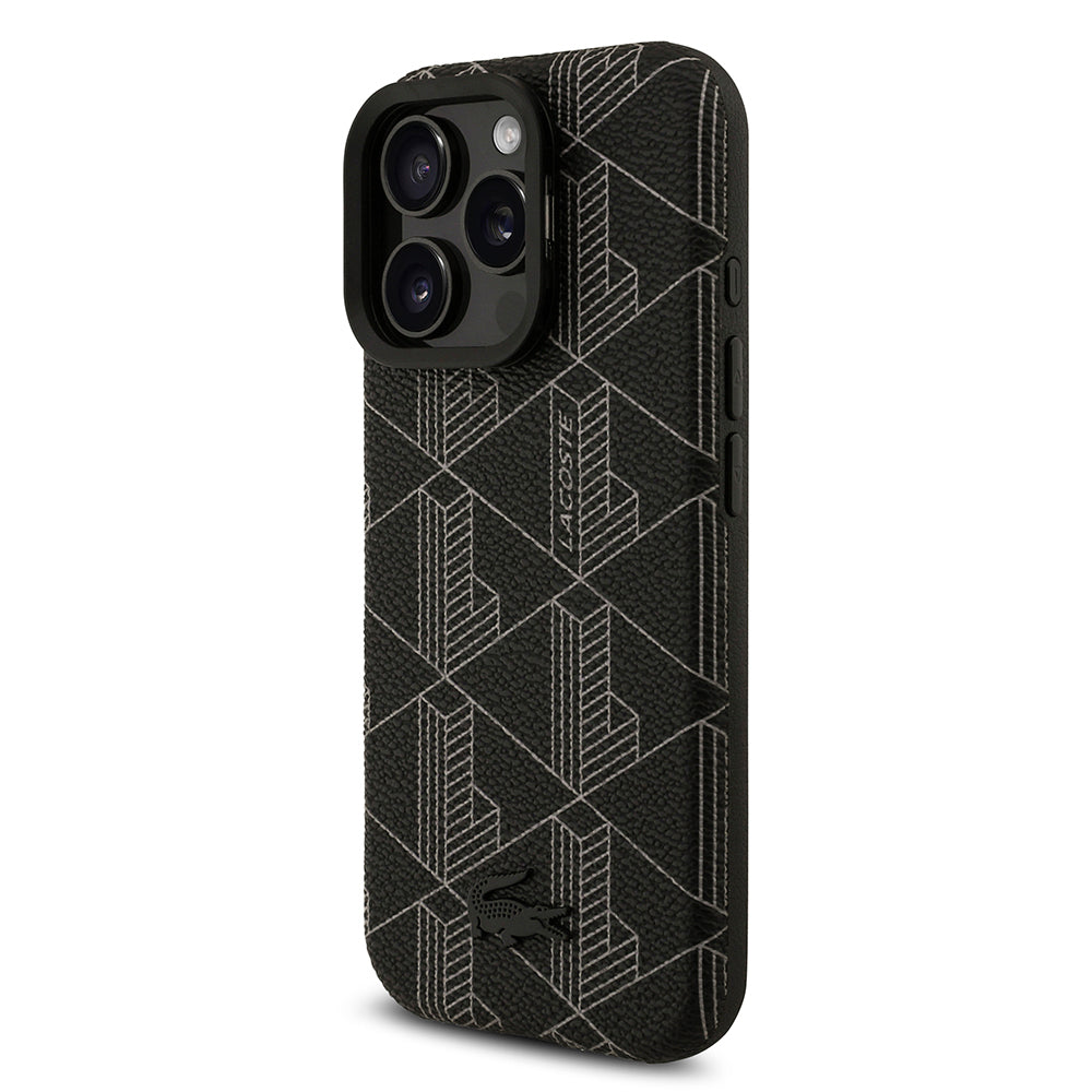 iPhone 16 Pro Max Kılıf Lacoste Orjinal Lisanslı M-safe Şarj Özellikli Standlı PU Deri Karışık Monogram Desenli Kapak