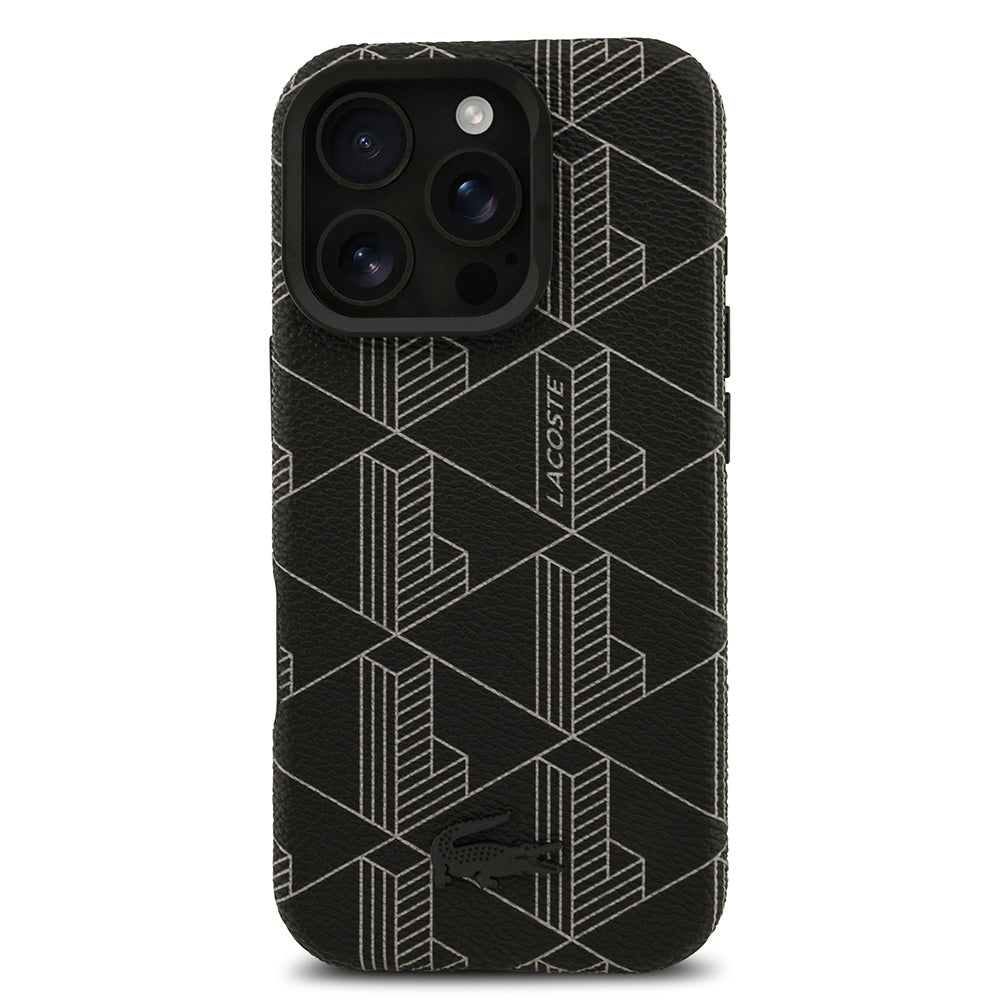 iPhone 16 Pro Max Kılıf Lacoste Orjinal Lisanslı M-safe Şarj Özellikli Standlı PU Deri Karışık Monogram Desenli Kapak
