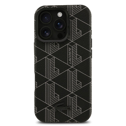 iPhone 16 Pro Max Kılıf Lacoste Orjinal Lisanslı M-safe Şarj Özellikli Standlı PU Deri Karışık Monogram Desenli Kapak