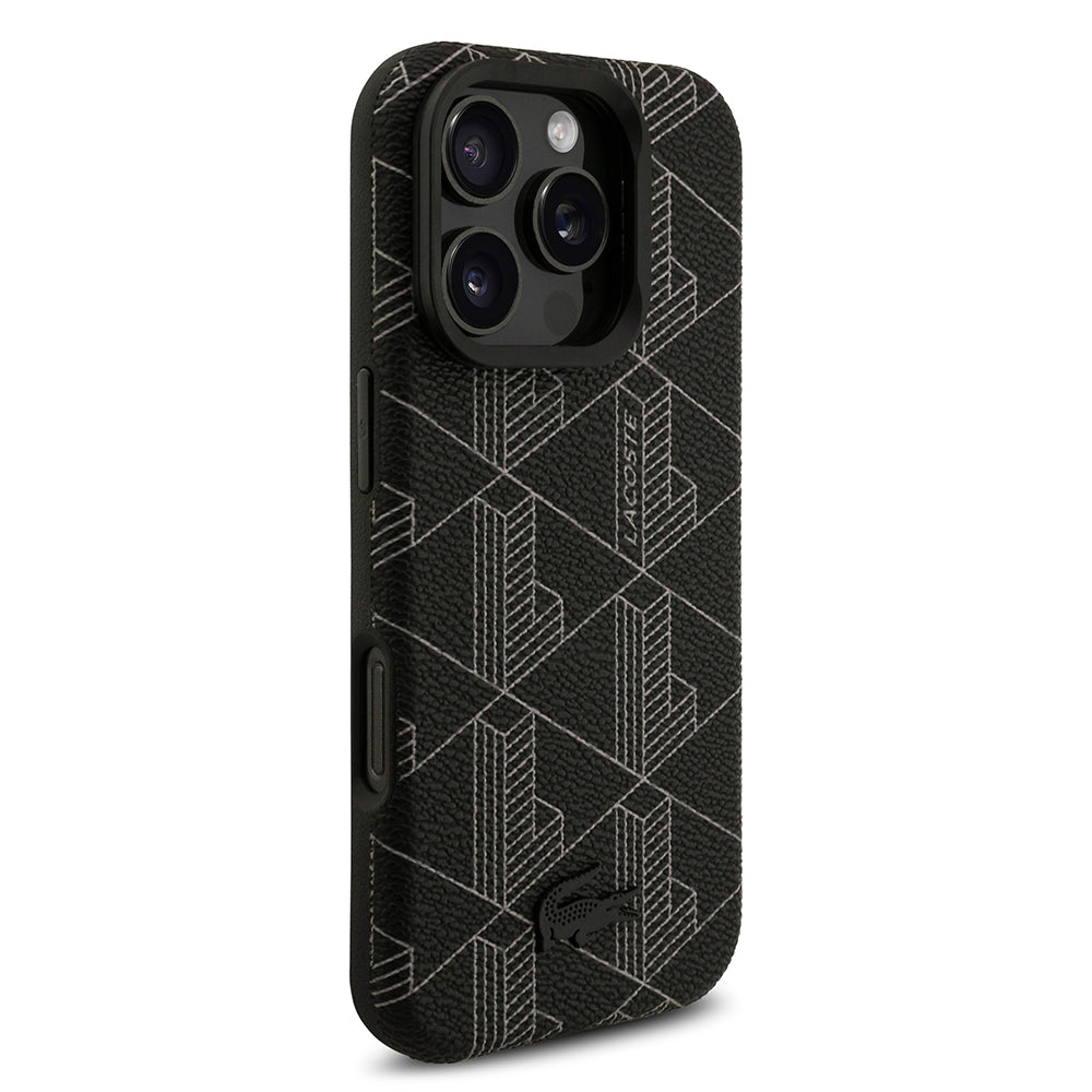 iPhone 16 Pro Max Kılıf Lacoste Orjinal Lisanslı M-safe Şarj Özellikli Standlı PU Deri Karışık Monogram Desenli Kapak