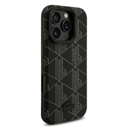 iPhone 16 Pro Max Kılıf Lacoste Orjinal Lisanslı M-safe Şarj Özellikli Standlı PU Deri Karışık Monogram Desenli Kapak