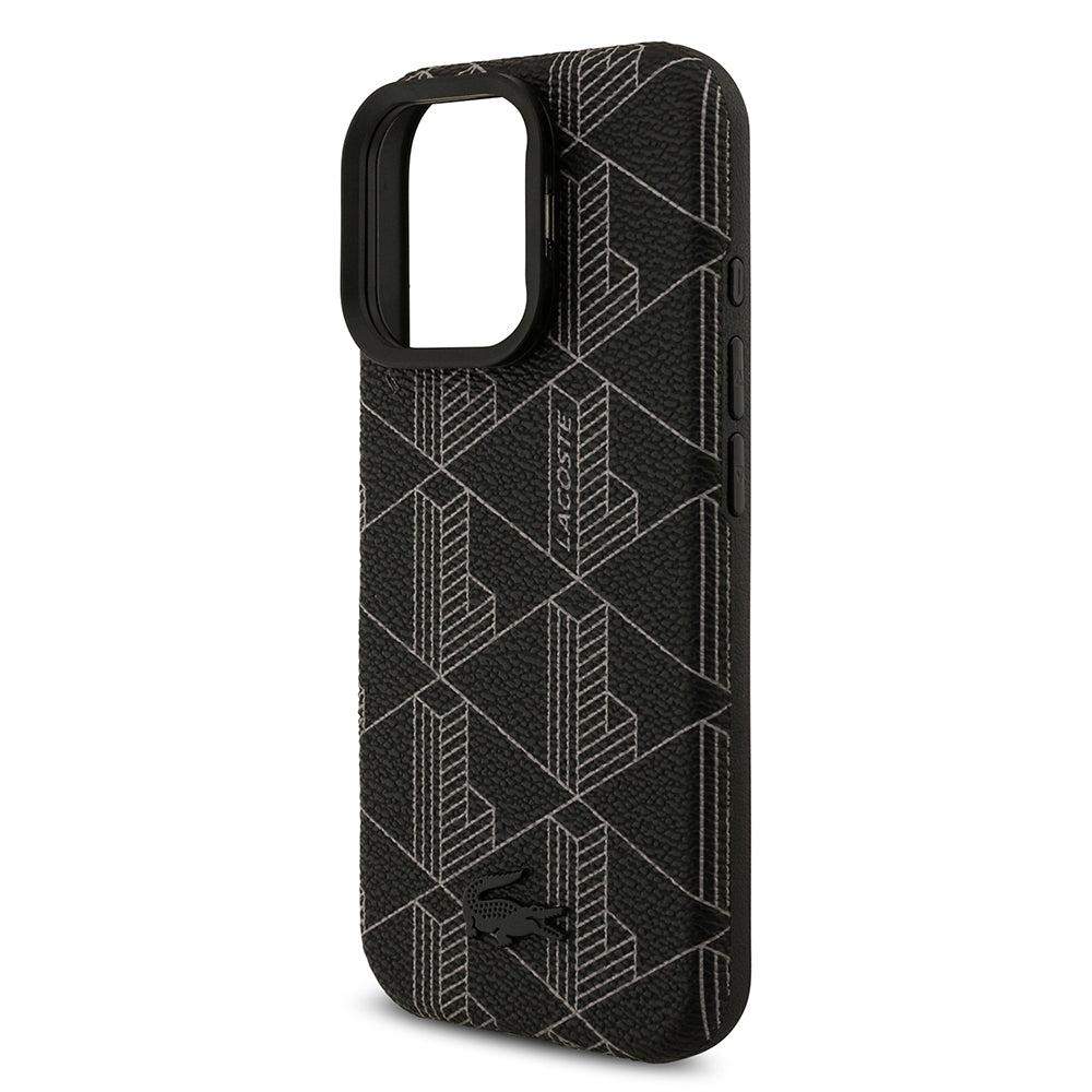 iPhone 16 Pro Max Kılıf Lacoste Orjinal Lisanslı M-safe Şarj Özellikli Standlı PU Deri Karışık Monogram Desenli Kapak