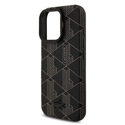 iPhone 16 Pro Max Kılıf Lacoste Orjinal Lisanslı M-safe Şarj Özellikli Standlı PU Deri Karışık Monogram Desenli Kapak