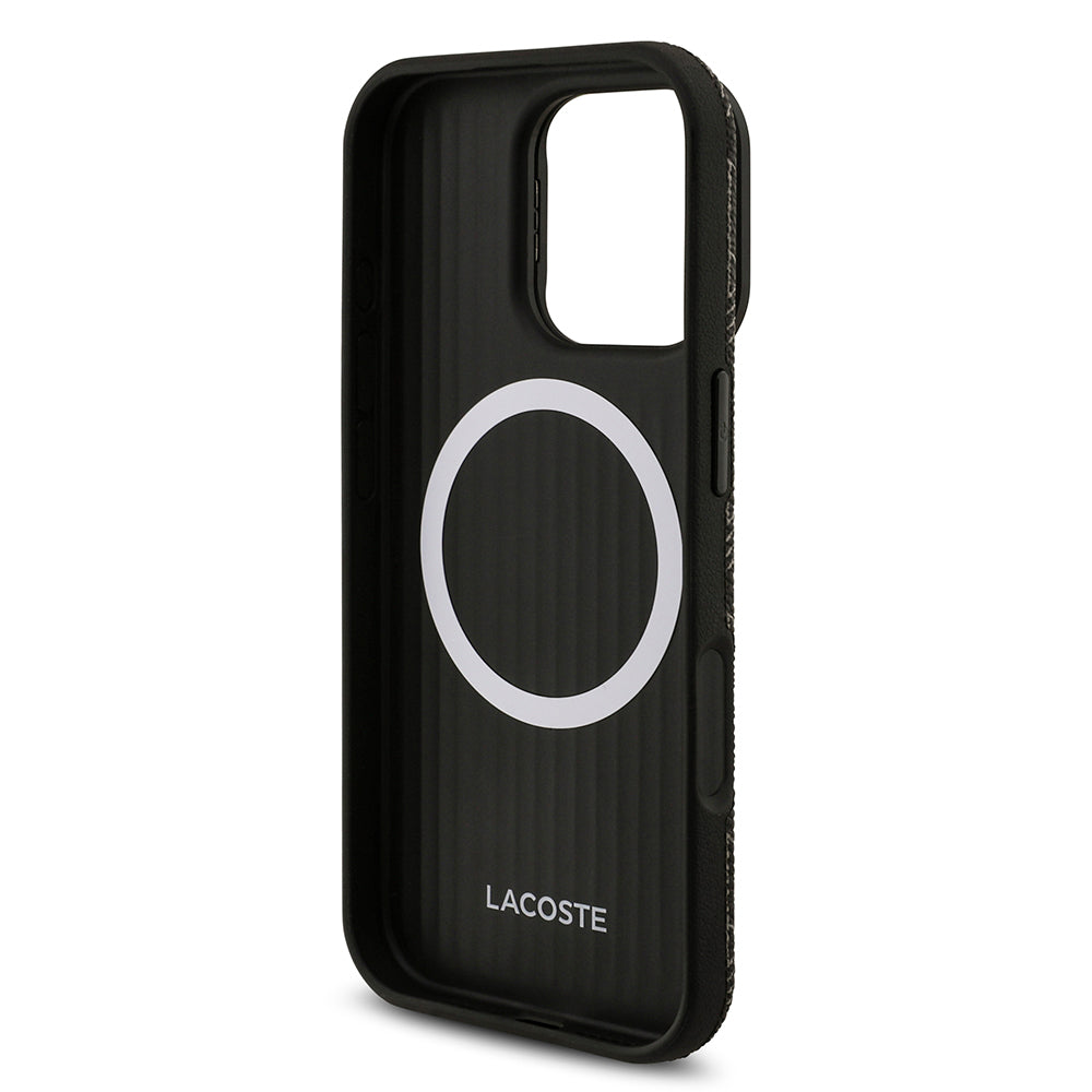 iPhone 16 Pro Max Kılıf Lacoste Orjinal Lisanslı M-safe Şarj Özellikli Standlı PU Deri Karışık Monogram Desenli Kapak