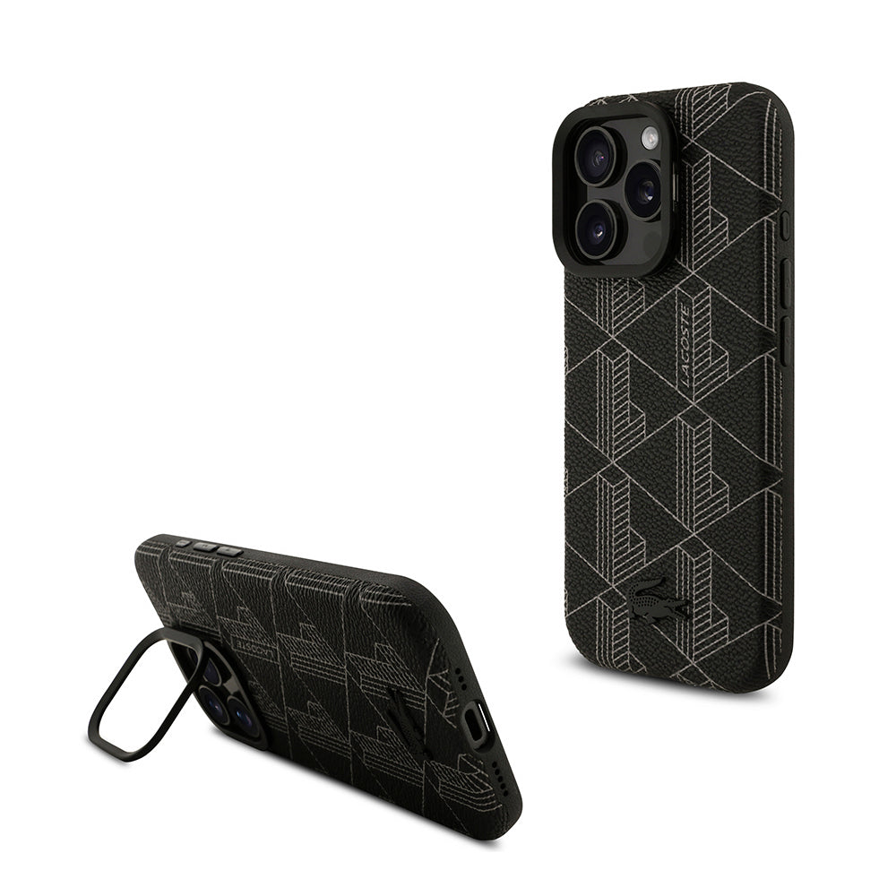 iPhone 16 Pro Max Kılıf Lacoste Orjinal Lisanslı M-safe Şarj Özellikli Standlı PU Deri Karışık Monogram Desenli Kapak