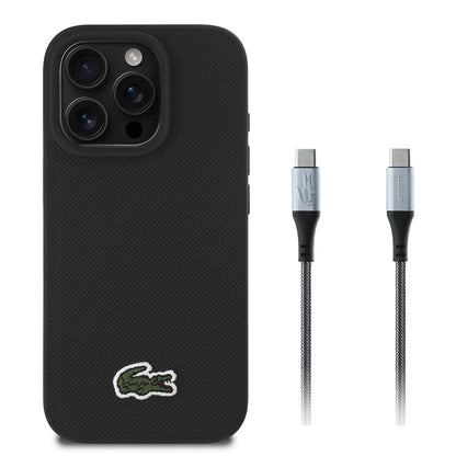 iPhone 16 Pro Max Kılıf Lacoste Orjinal Lisanslı PU Pike Desenli Arka Yüzey İkonik Timsah Dokuma Logolu Kapak + Type-C Kablo 1.5m