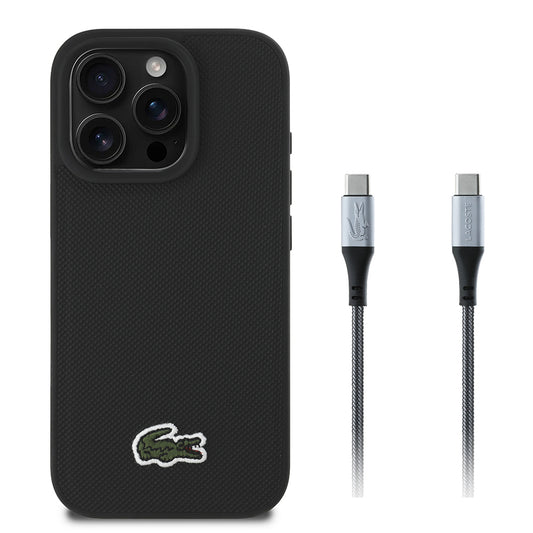 iPhone 16 Pro Max Kılıf Lacoste Orjinal Lisanslı PU Pike Desenli Arka Yüzey İkonik Timsah Dokuma Logolu Kapak + Type-C Kablo 1.5m