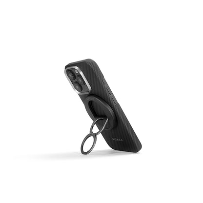 iPhone 16 Pro Max Kılıf M-safe Şarj Özellikli Grip 3 Standlı 600D Aramid Fiber Pitaka Ultra-Slim Classic Serisi Black-Grey Twill Kapak
