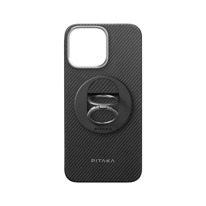 iPhone 16 Pro Max Kılıf M-safe Şarj Özellikli Grip 3 Standlı 600D Aramid Fiber Pitaka Ultra-Slim Classic Serisi Black-Grey Twill Kapak