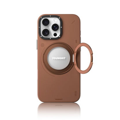 iPhone 16 Pro Max Kılıf M-safe Şarj Özellikli 360° Standlı Basit Mat Deri Desenli Youngkit Tech Leather Serisi Kapak