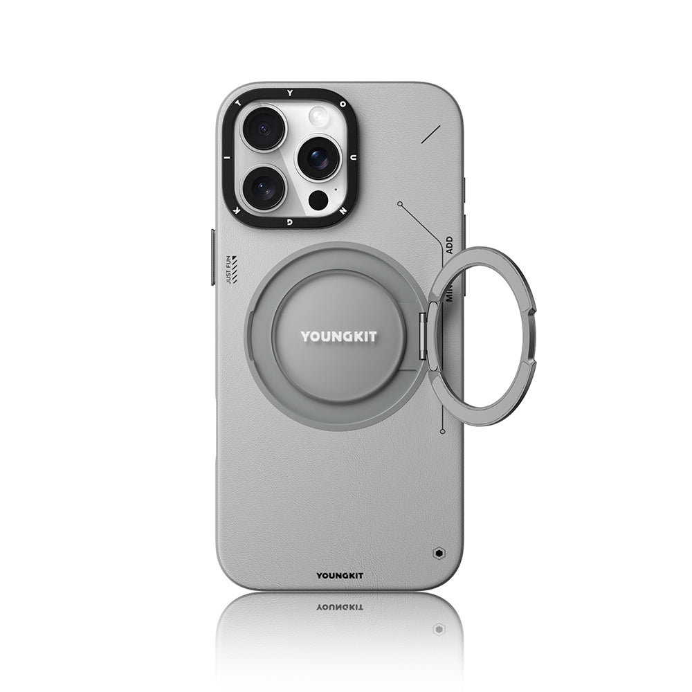 iPhone 16 Pro Max Kılıf M-safe Şarj Özellikli 360° Standlı Basit Mat Deri Desenli Youngkit Tech Leather Serisi Kapak