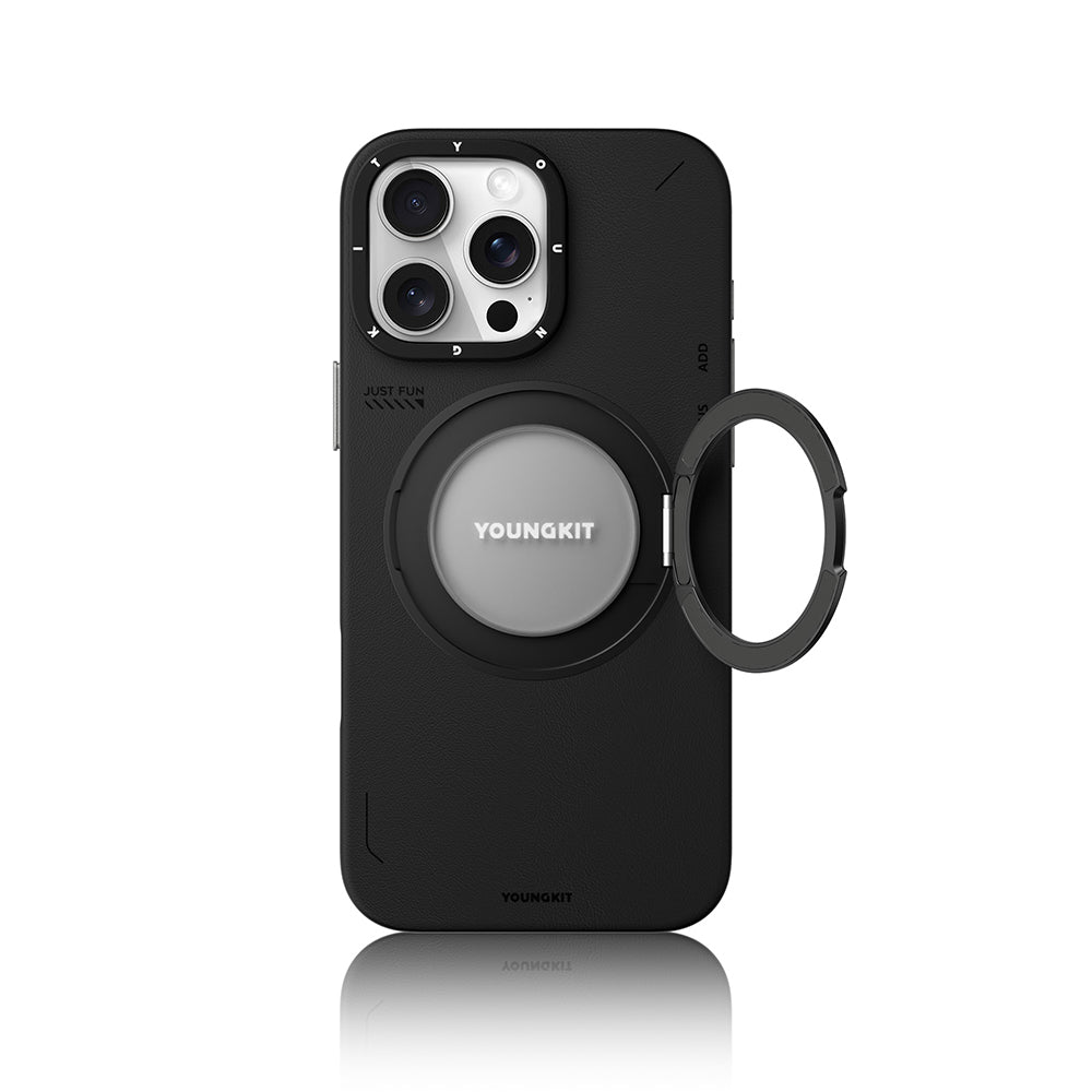 iPhone 16 Pro Max Kılıf M-safe Şarj Özellikli 360° Standlı Basit Mat Deri Desenli Youngkit Tech Leather Serisi Kapak