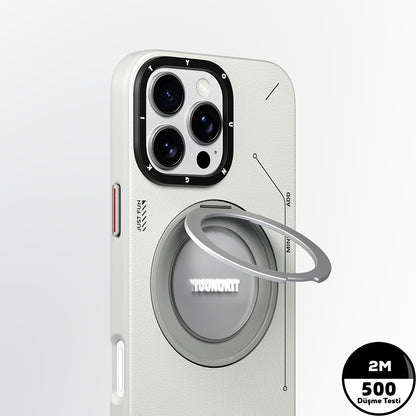 iPhone 16 Pro Max Kılıf M-safe Şarj Özellikli 360° Standlı Basit Mat Deri Desenli Youngkit Tech Leather Serisi Kapak