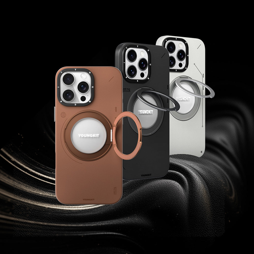 iPhone 16 Pro Max Kılıf M-safe Şarj Özellikli 360° Standlı Basit Mat Deri Desenli Youngkit Tech Leather Serisi Kapak