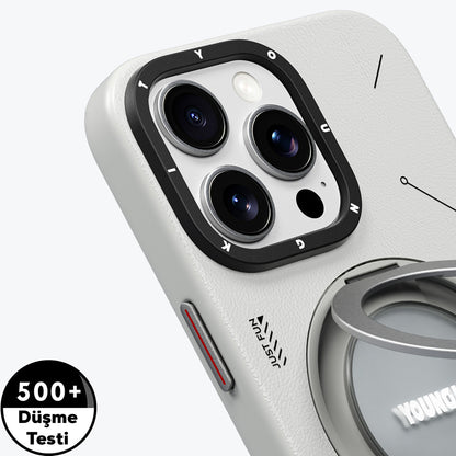 iPhone 16 Pro Max Kılıf M-safe Şarj Özellikli 360° Standlı Basit Mat Deri Desenli Youngkit Tech Leather Serisi Kapak