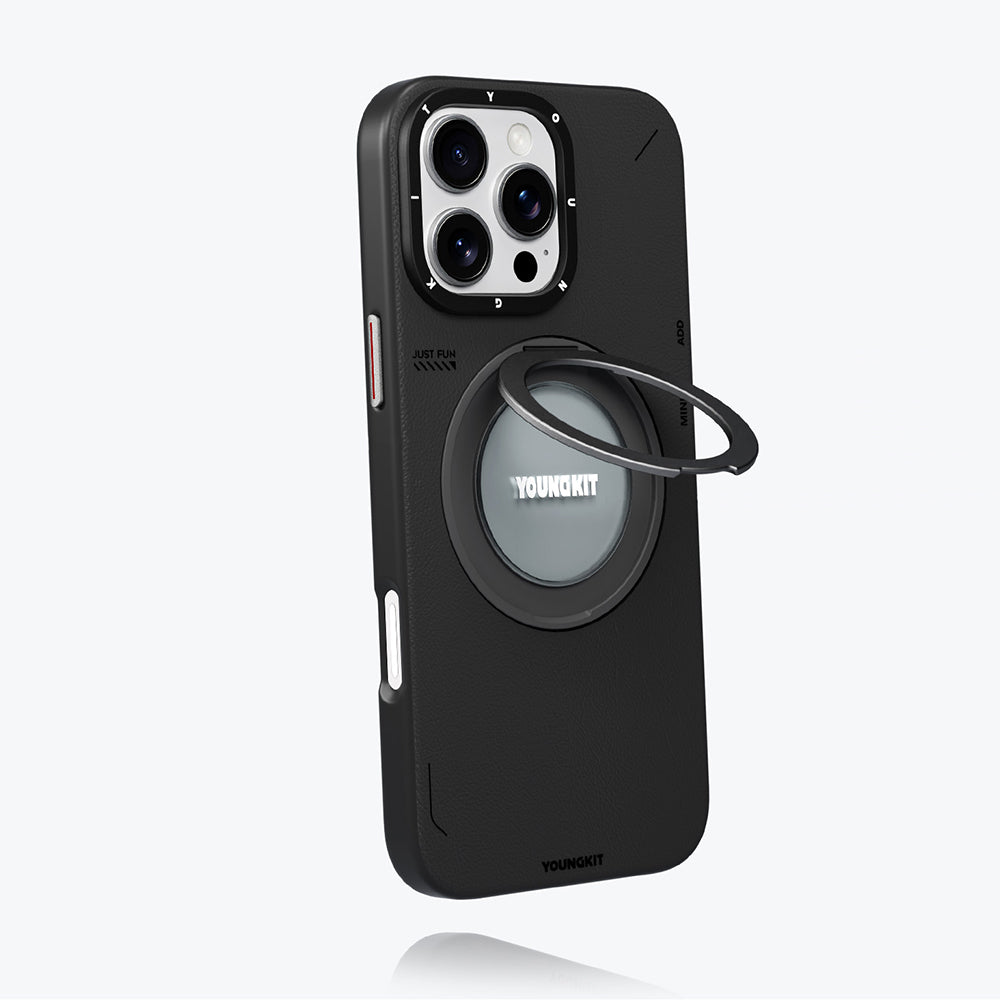 iPhone 16 Pro Max Kılıf M-safe Şarj Özellikli 360° Standlı Basit Mat Deri Desenli Youngkit Tech Leather Serisi Kapak