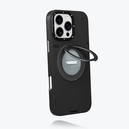 iPhone 16 Pro Max Kılıf M-safe Şarj Özellikli 360° Standlı Basit Mat Deri Desenli Youngkit Tech Leather Serisi Kapak