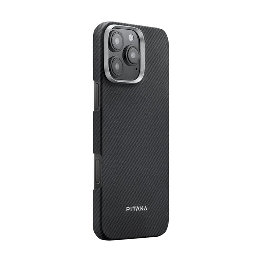 iPhone 16 Pro Max Kılıf M-safe Şarj Özellikli 600D Aramid Fiber Pitaka Ultra-Slim Classic Serisi Black-Grey Twill Kapak