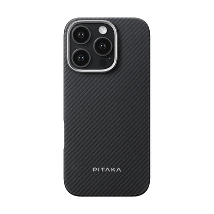 iPhone 16 Pro Max Kılıf M-safe Şarj Özellikli 600D Aramid Fiber Pitaka Ultra-Slim Classic Serisi Black-Grey Twill Kapak