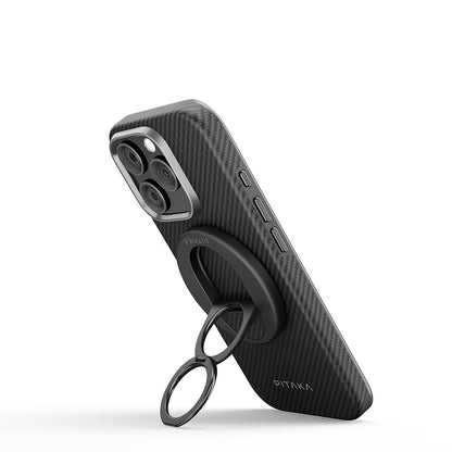 iPhone 16 Pro Max Kılıf M-safe Şarj Özellikli Grip 3 Standlı Aramid Fiber Pitaka Military Grade Classic Serisi Black-Grey Twill Kapak