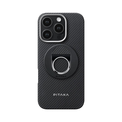 iPhone 16 Pro Max Kılıf M-safe Şarj Özellikli Grip 3 Standlı Aramid Fiber Pitaka Military Grade Classic Serisi Black-Grey Twill Kapak