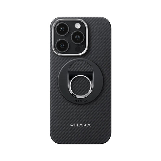iPhone 16 Pro Max Kılıf M-safe Şarj Özellikli Grip 3 Standlı Aramid Fiber Pitaka Military Grade Classic Serisi Black-Grey Twill Kapak
