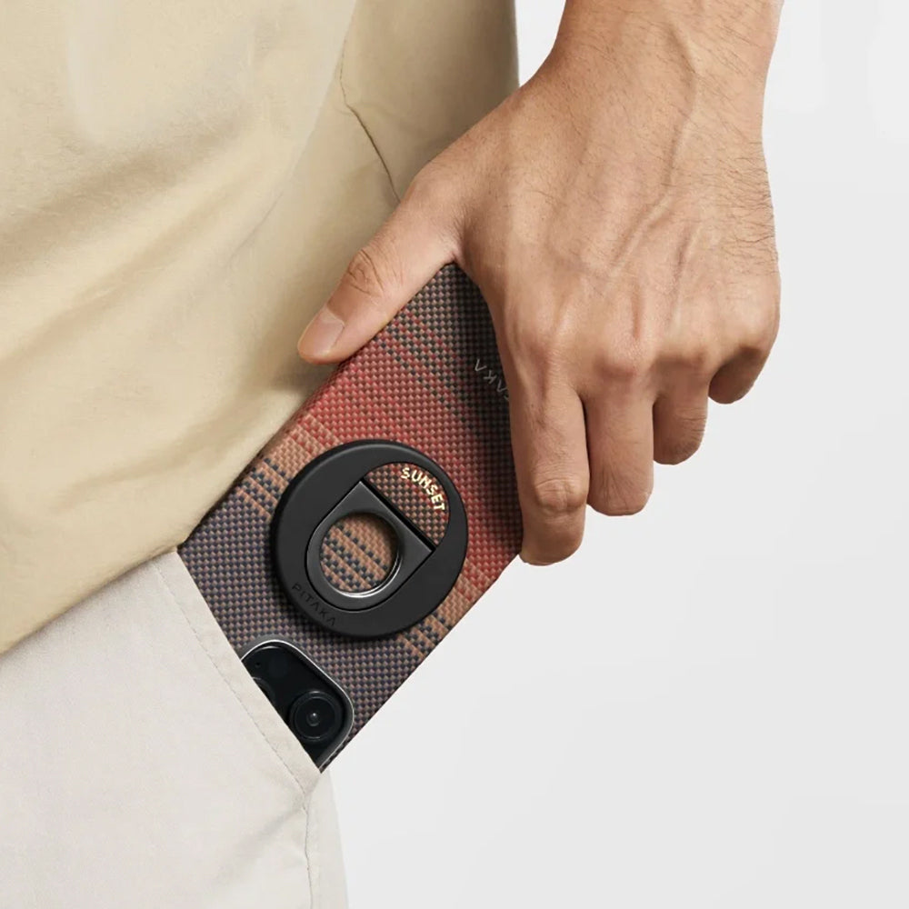 iPhone 16 Pro Max Kılıf M-safe Şarj Özellikli Grip 3 Standlı Aramid Fiber Pitaka Tactile Woven Sunset-Moonrise Serisi Sunset Kapak