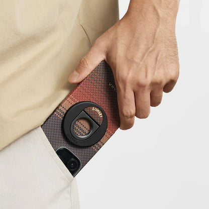 iPhone 16 Pro Max Kılıf M-safe Şarj Özellikli Grip 3 Standlı Aramid Fiber Pitaka Tactile Woven Sunset-Moonrise Serisi Sunset Kapak