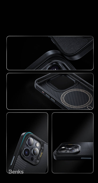 iPhone 16 Pro Max Kılıf M-safe Şarj Özellikli Karbon Fiber Benks Montage Hybrid ArmorPro Kevlar Kapak