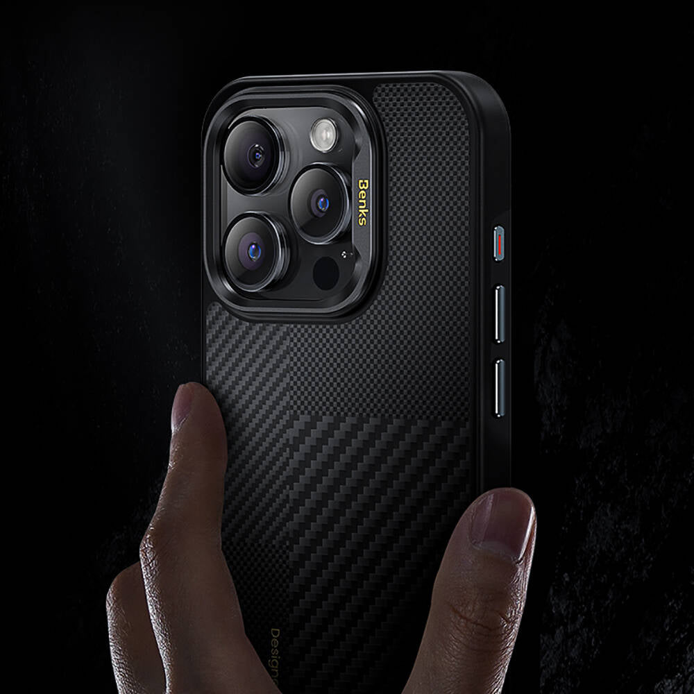 iPhone 16 Pro Max Kılıf M-safe Şarj Özellikli Karbon Fiber Benks Montage Hybrid ArmorPro Kevlar Kapak