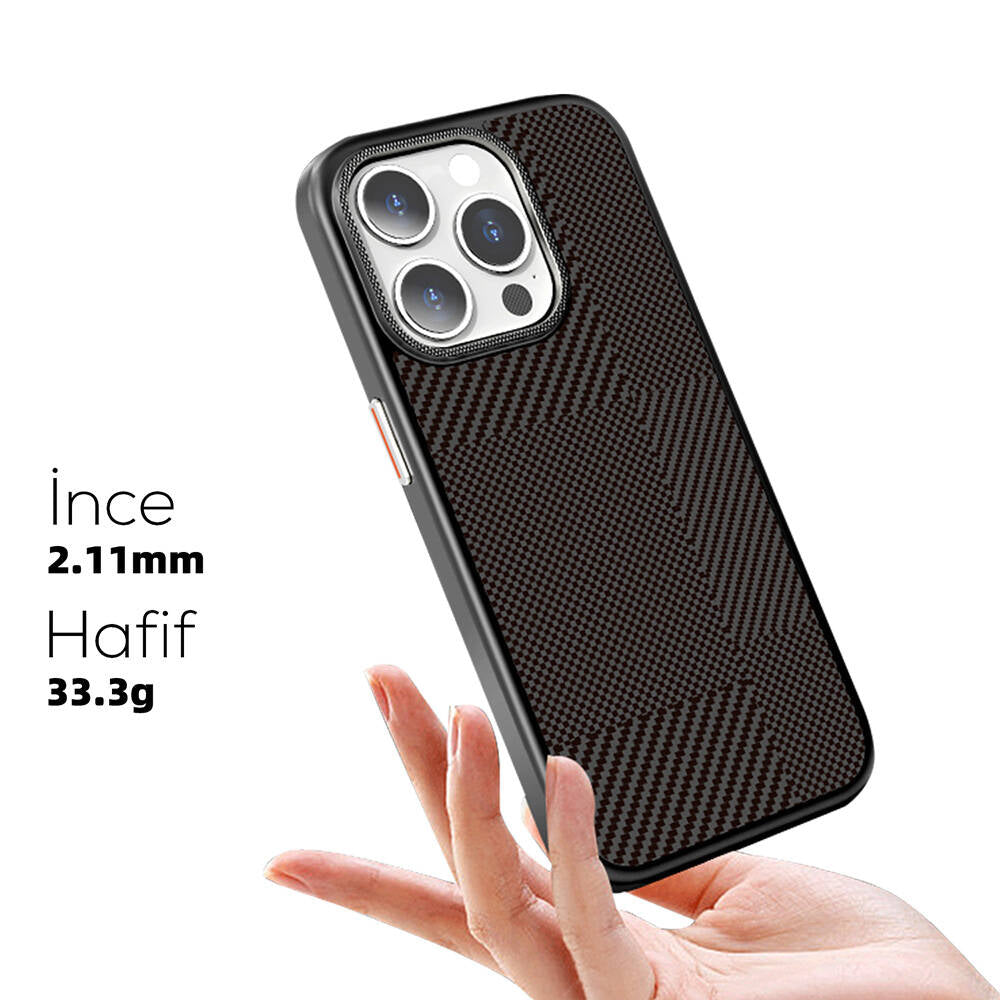 iPhone 16 Pro Max Kılıf M-safe Şarj Özellikli Karbon Fiber Desenli Mutural Montage Kapak