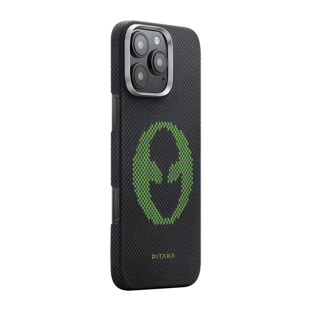 iPhone 16 Pro Max Kılıf M-safe Şarj Özellikli Lumintex Teknolojili Fosforlu Aramid Fiber Pitaka Tactile Woven Aries Serisi Alien Kapak
