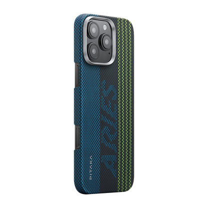iPhone 16 Pro Max Kılıf M-safe Şarj Özellikli Lumintex Teknolojili Fosforlu Aramid Fiber Pitaka Tactile Woven Aries Serisi Credit Card Kapak