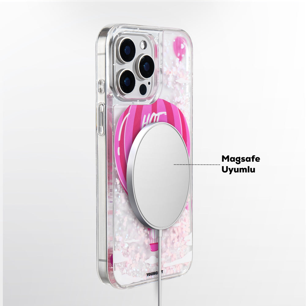 iPhone 16 Pro Max Kılıf M-safe Şarj Özellikli Parlak Kumlu Sıvılı Youngkit Pink Dream Quicksand Serisi Kapak