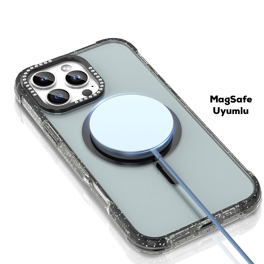 iPhone 16 Pro Max Kılıf M-safe Şarj Özellikli Taşlı ve Simli Tasarım Mutural Blink Kapak