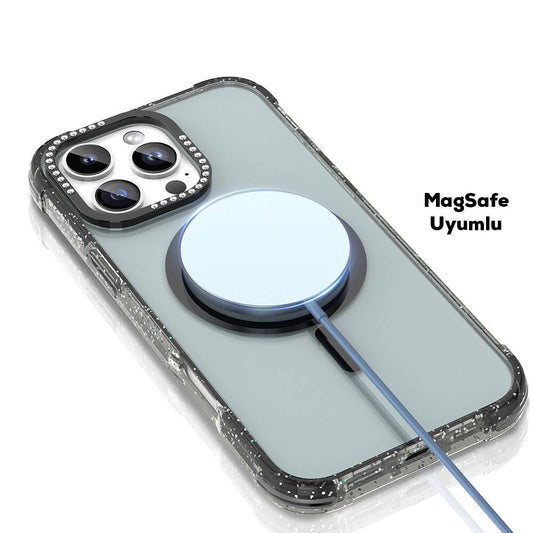 iPhone 16 Pro Max Kılıf M-safe Şarj Özellikli Taşlı ve Simli Tasarım Mutural Blink Kapak