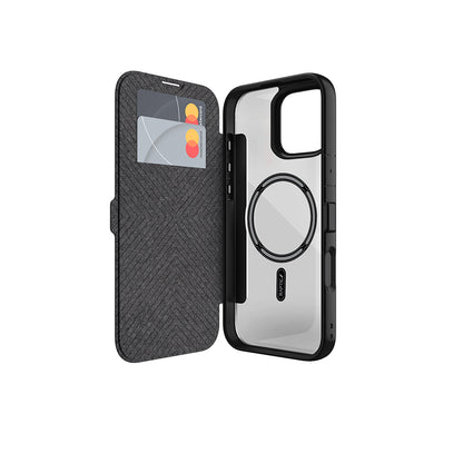 iPhone 16 Pro Max Kılıf M-safe Şarj Özellikli Vegan Deri Tasarımlı Şeffaf Arka Yüzey Kartlıklı Raptic Urban Folio Serisi Kapak