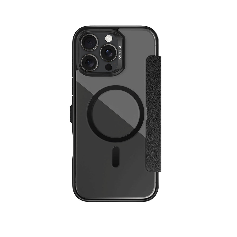 iPhone 16 Pro Max Kılıf M-safe Şarj Özellikli Vegan Deri Tasarımlı Şeffaf Arka Yüzey Kartlıklı Raptic Urban Folio Serisi Kapak