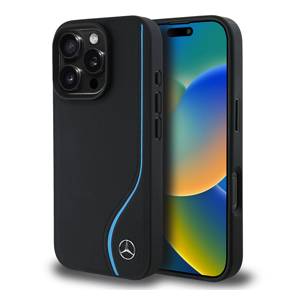 iPhone 16 Pro Max Kılıf Mercedes Benz Orjinal Lisanslı M-safe Şarj Özellikli 3D Metal Logolu Mavi Dikey Eğri Çizgili Deri Kapak