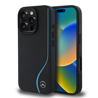 iPhone 16 Pro Max Kılıf Mercedes Benz Orjinal Lisanslı M-safe Şarj Özellikli 3D Metal Logolu Mavi Dikey Eğri Çizgili Deri Kapak