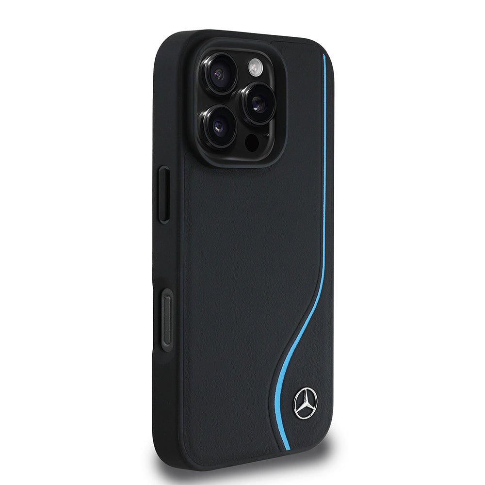 iPhone 16 Pro Max Kılıf Mercedes Benz Orjinal Lisanslı M-safe Şarj Özellikli 3D Metal Logolu Mavi Dikey Eğri Çizgili Deri Kapak