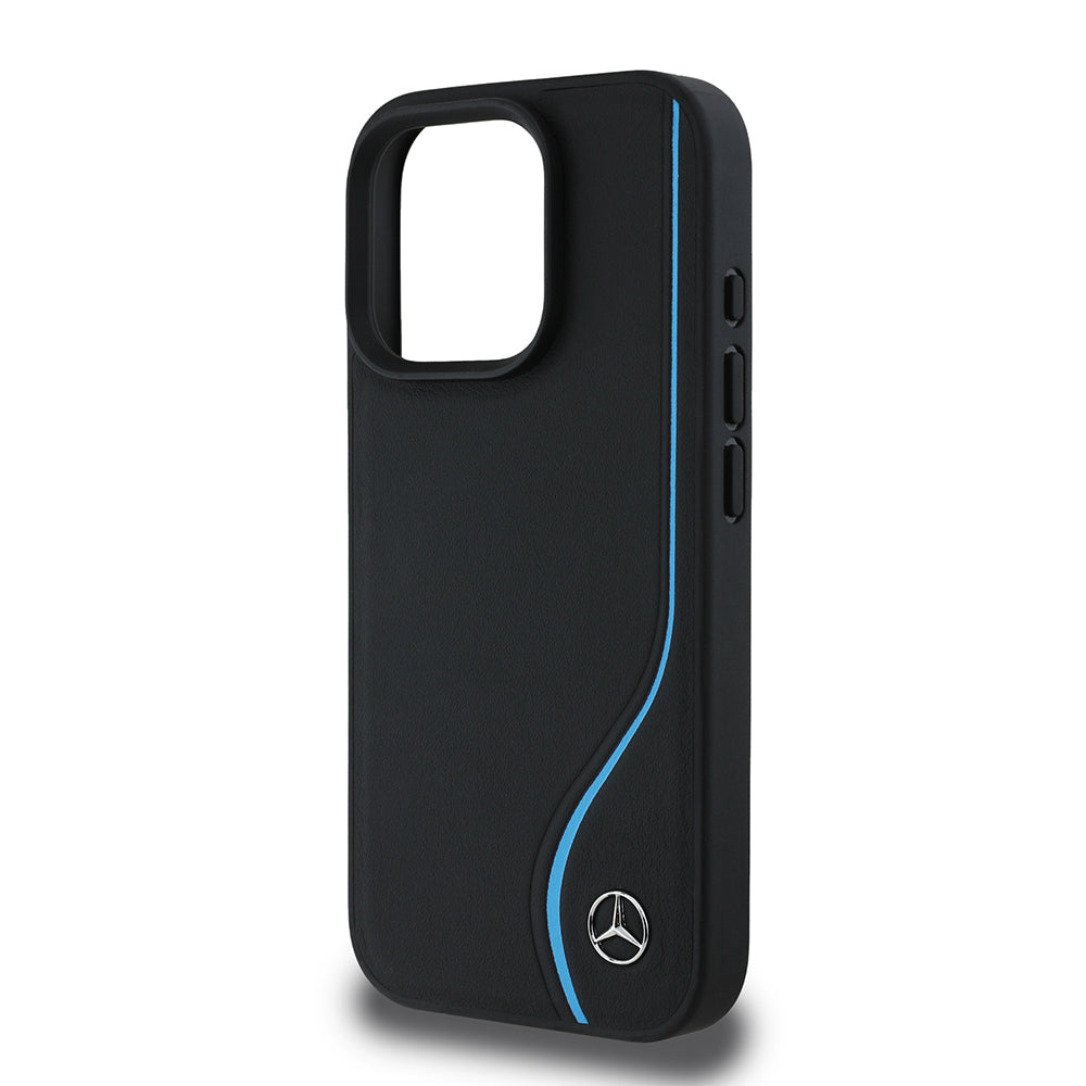 iPhone 16 Pro Max Kılıf Mercedes Benz Orjinal Lisanslı M-safe Şarj Özellikli 3D Metal Logolu Mavi Dikey Eğri Çizgili Deri Kapak