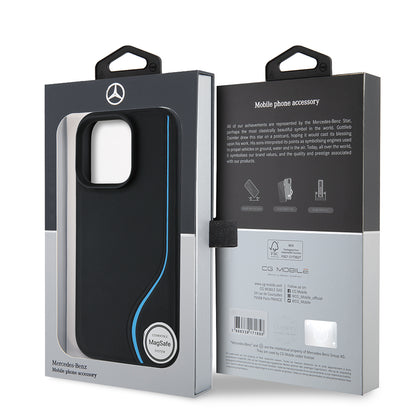 iPhone 16 Pro Max Kılıf Mercedes Benz Orjinal Lisanslı M-safe Şarj Özellikli 3D Metal Logolu Mavi Dikey Eğri Çizgili Deri Kapak
