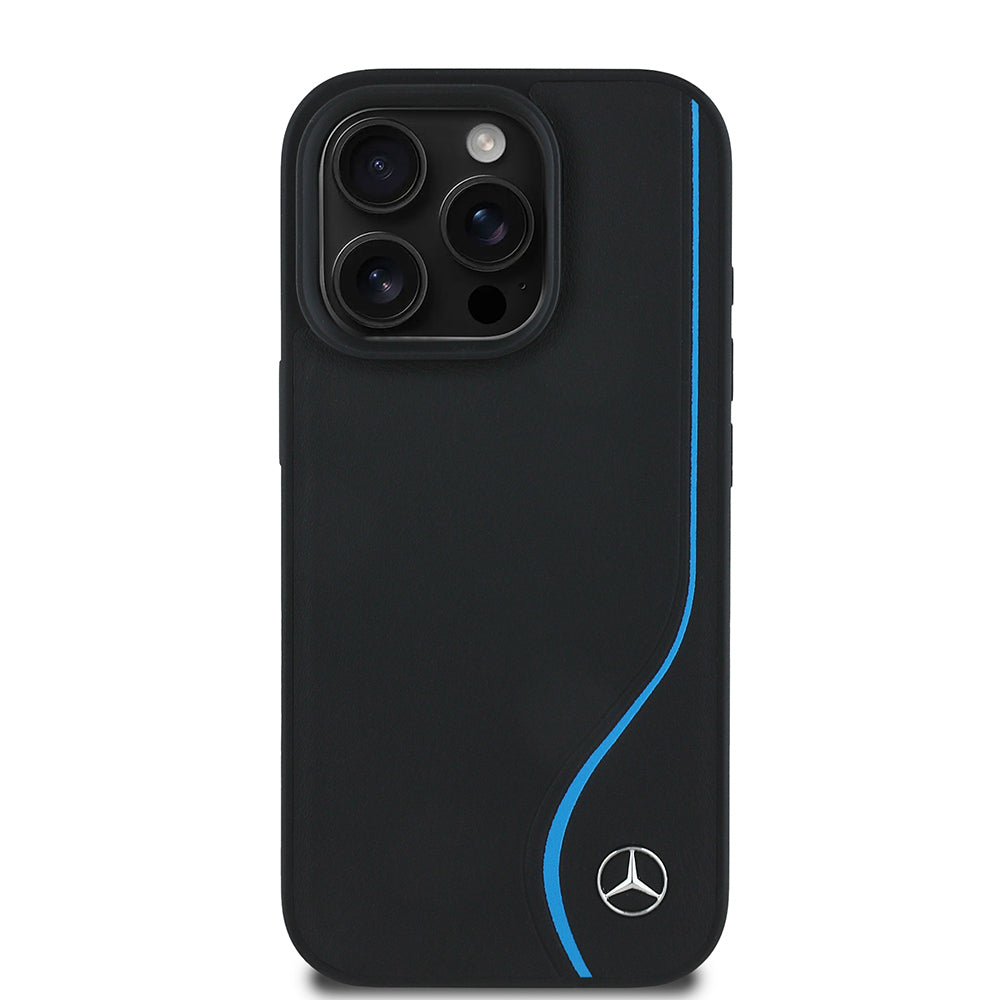 iPhone 16 Pro Max Kılıf Mercedes Benz Orjinal Lisanslı M-safe Şarj Özellikli 3D Metal Logolu Mavi Dikey Eğri Çizgili Deri Kapak