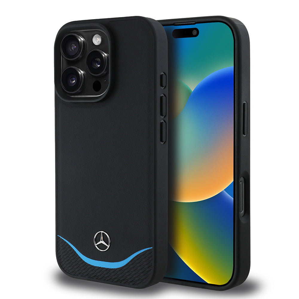 iPhone 16 Pro Max Kılıf Mercedes Benz Orjinal Lisanslı M-safe Şarj Özellikli 3D Metal Logolu Mavi Yatay Eğri Çizgili Deri Kapak